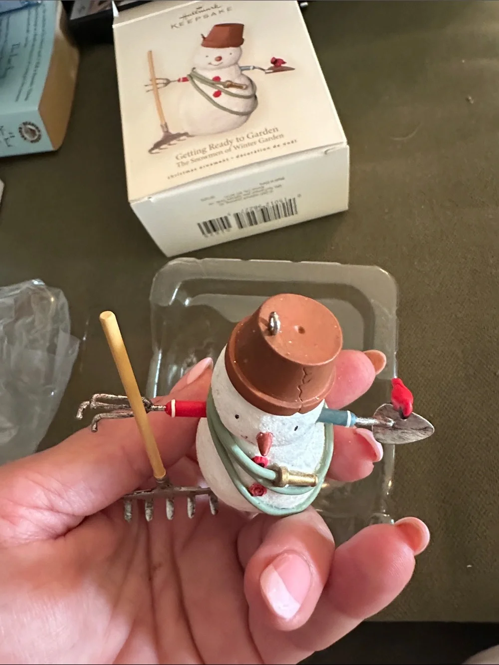 Vintage 2007/Hallmark White Snowman with Brown Hat and Green Hose Ornament